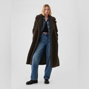 GAP Sherpa Coat Terra Brown M Teddy Fleece Long Tie-Waist NWOT